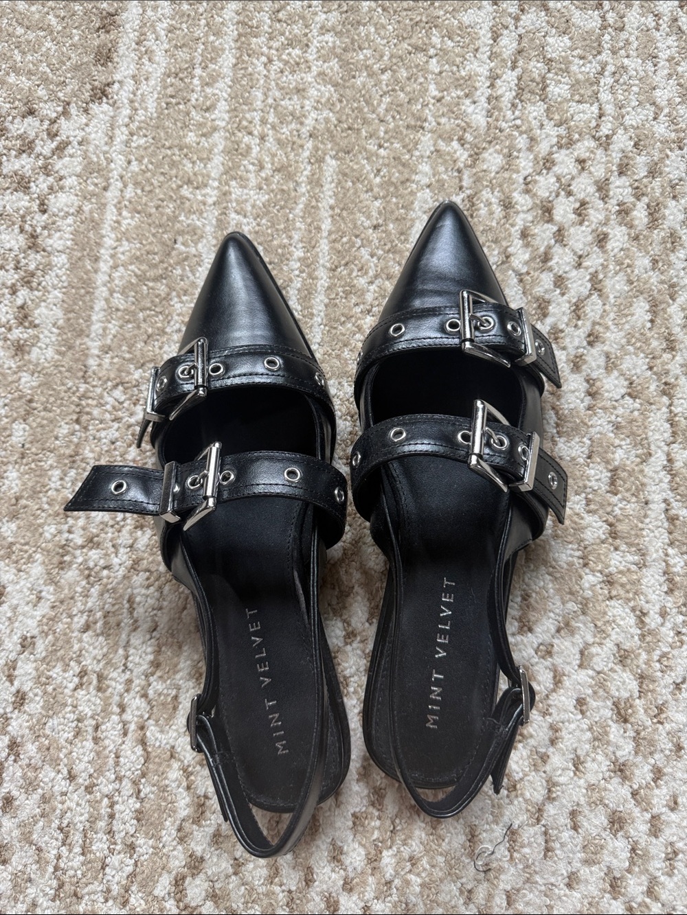 Mint Velvet Black Pointed Buckle Slingback Flats